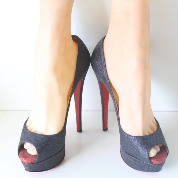 Christian Louboutin Grey Lady Peep Charcoal Glitter Pumps - Picture 5 of 8